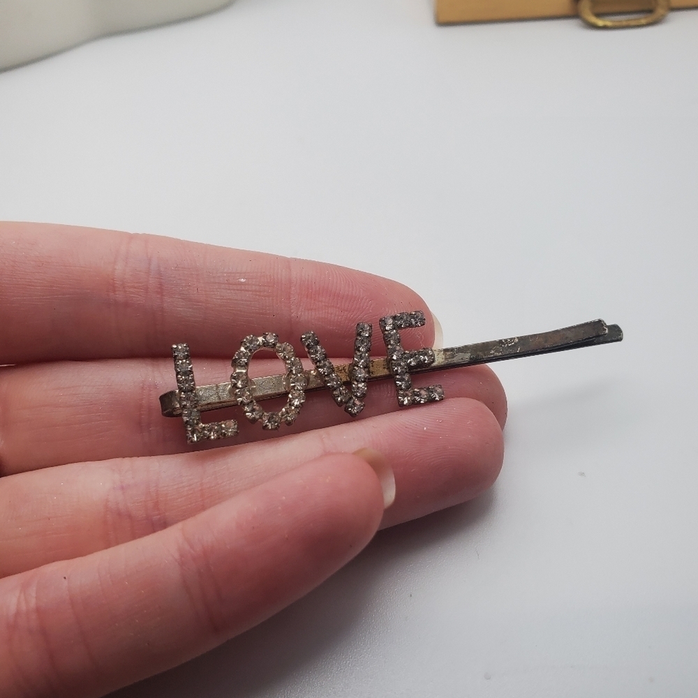 Vintage crystal rhinestone love hair pin